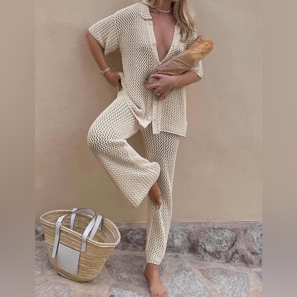 Cream Button Up Top And Drawstring Pants 2 Piece Set